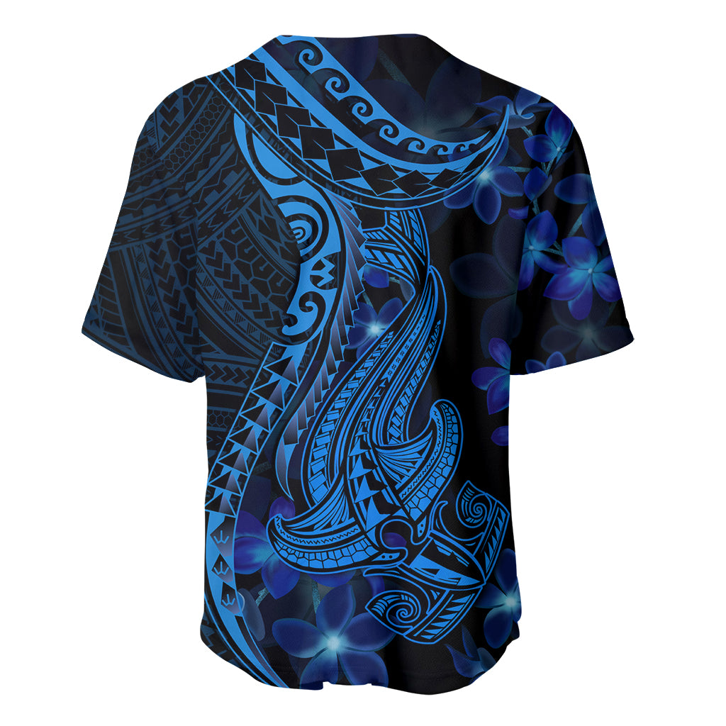Blue Polynesia Shark Tattoo Baseball Jersey With Polynesian Plumeria LT14 - Polynesian Pride