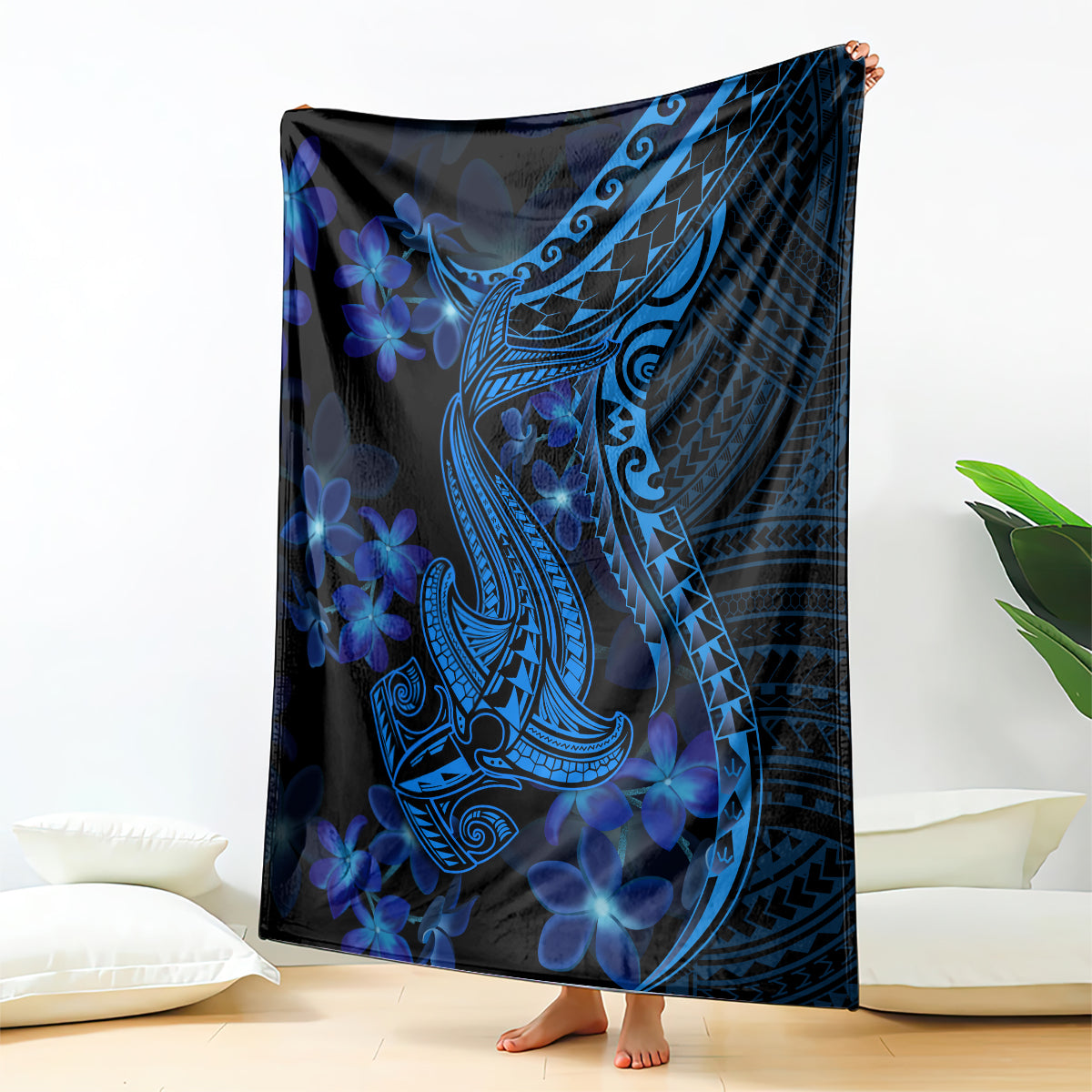 Blue Polynesia Shark Tattoo Blanket With Polynesian Plumeria LT14 Blue - Polynesian Pride