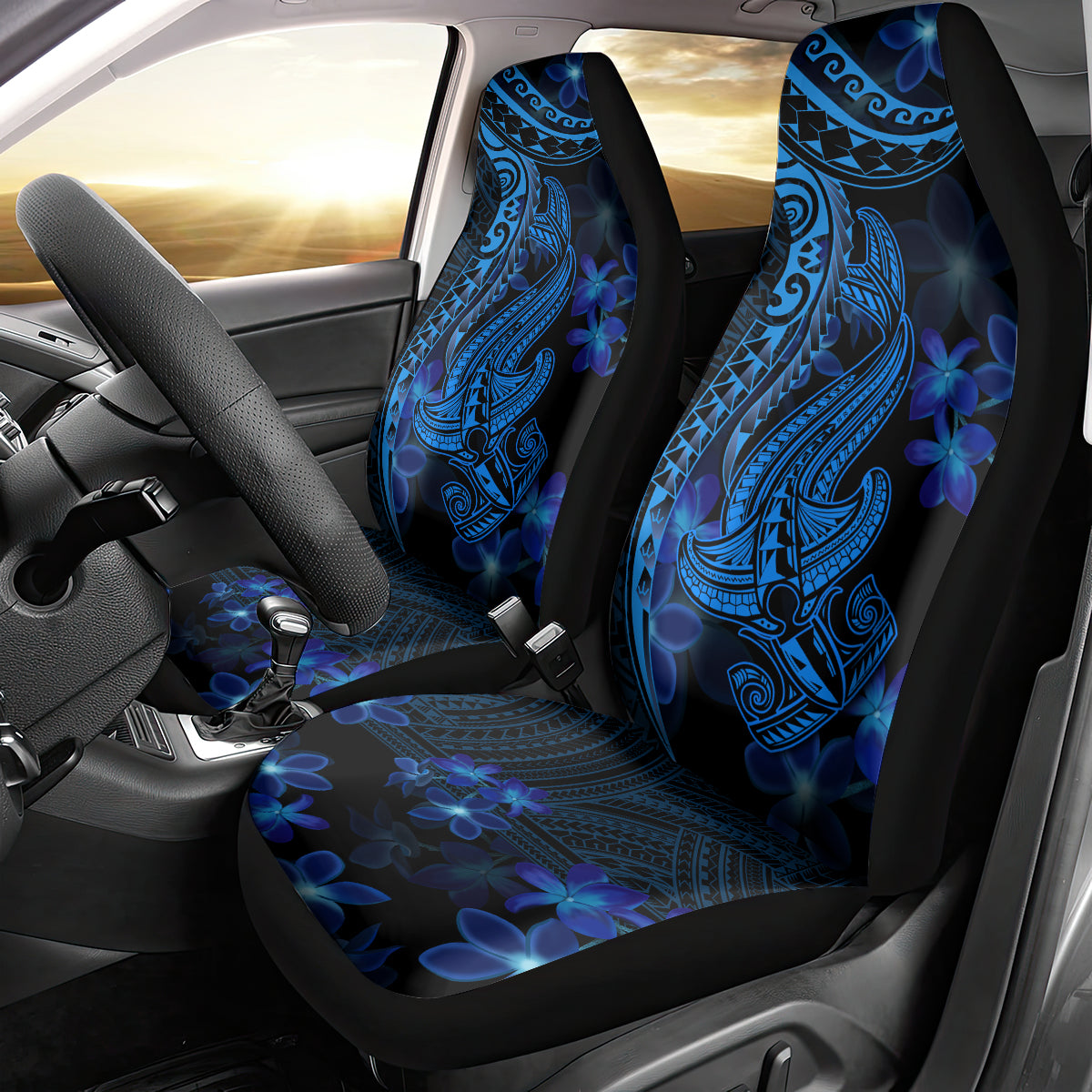 Blue Polynesia Shark Tattoo Car Seat Cover With Polynesian Plumeria LT14 - Polynesian Pride