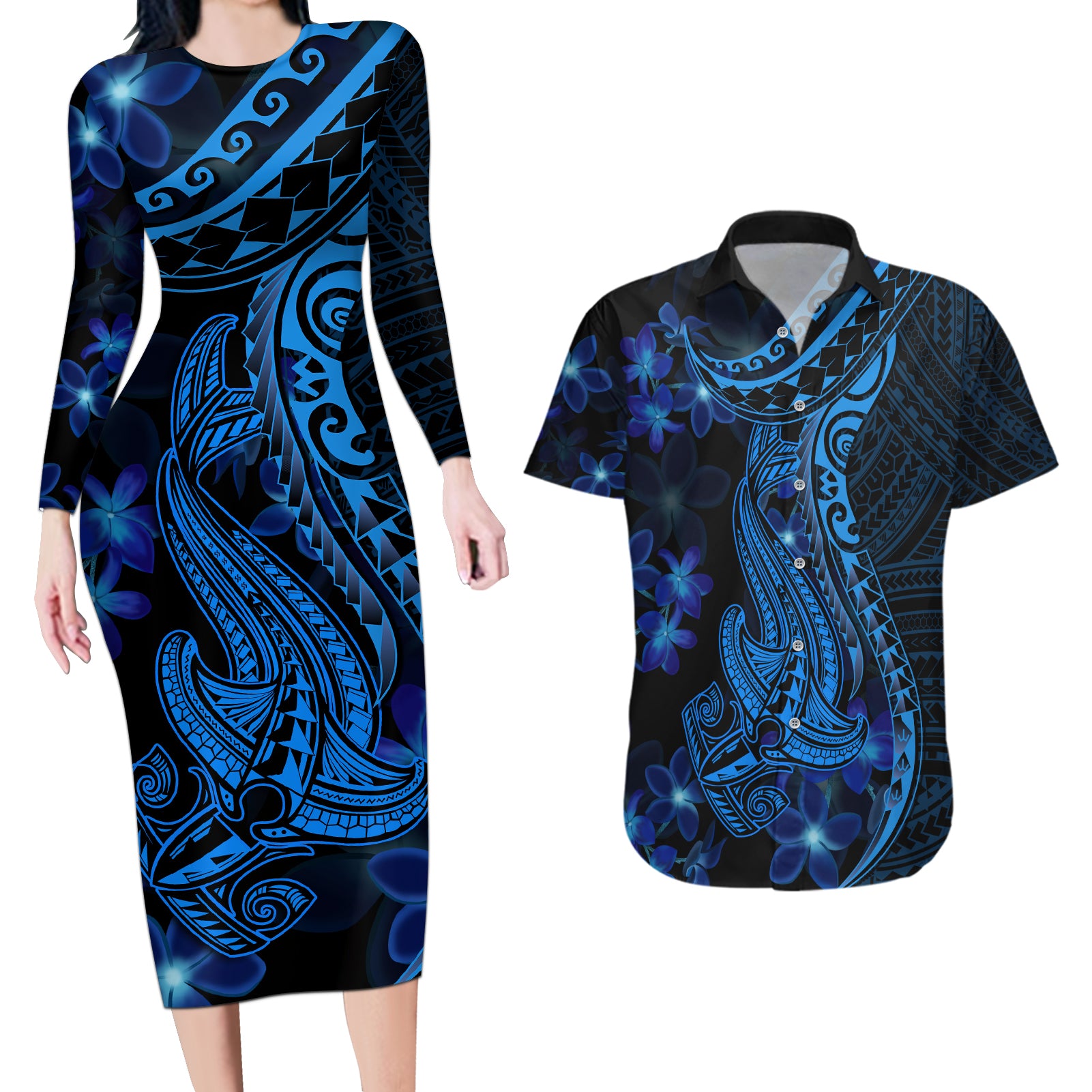 Blue Polynesia Shark Tattoo Couples Matching Long Sleeve Bodycon Dress and Hawaiian Shirt With Polynesian Plumeria LT14 Blue - Polynesian Pride