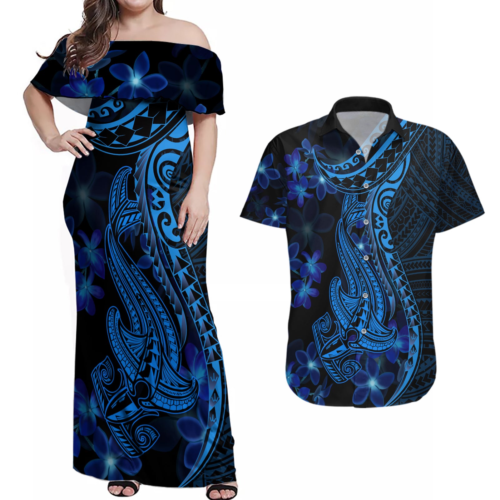 Blue Polynesia Shark Tattoo Couples Matching Off Shoulder Maxi Dress and Hawaiian Shirt With Polynesian Plumeria LT14 Blue - Polynesian Pride