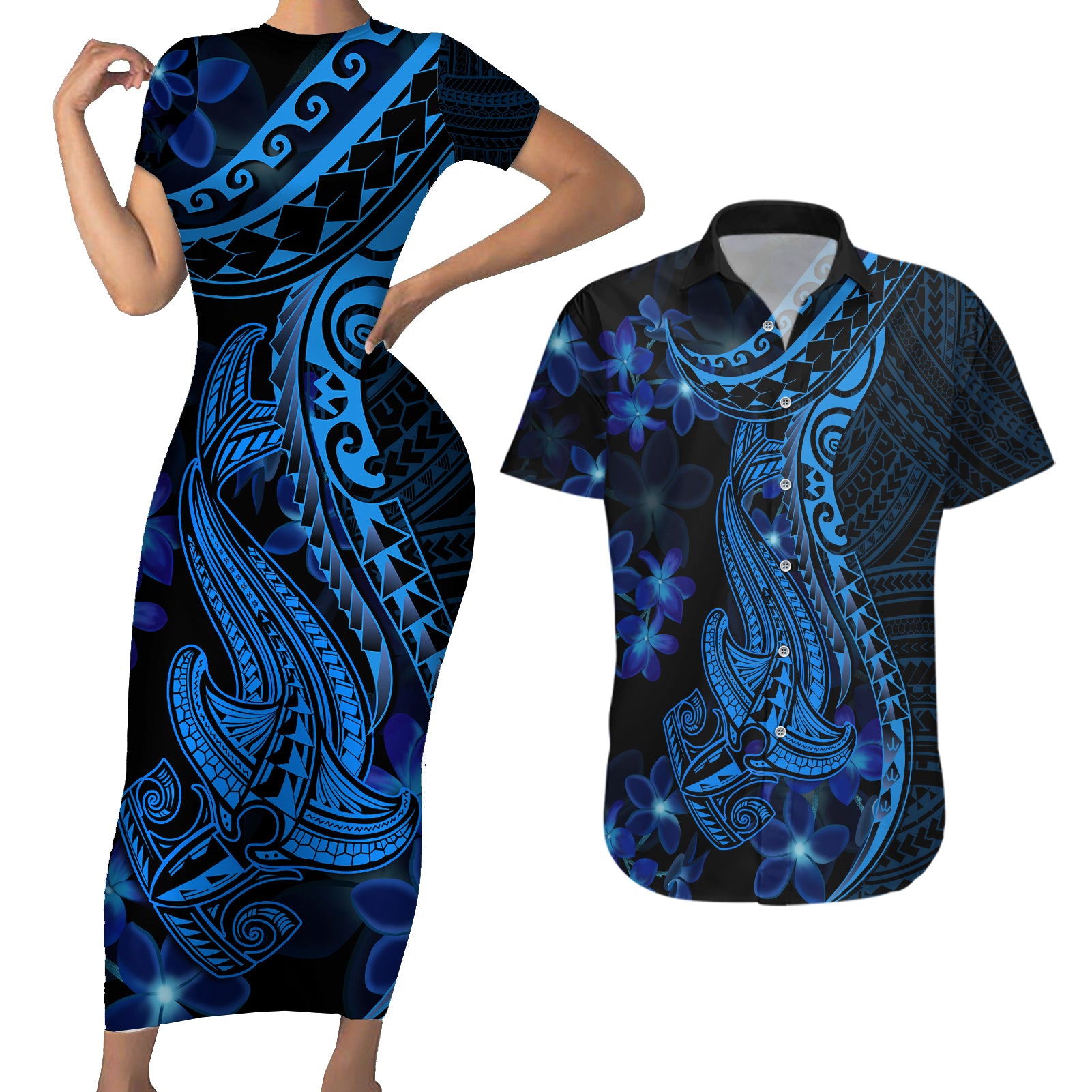 Blue Polynesia Shark Tattoo Couples Matching Short Sleeve Bodycon Dress and Hawaiian Shirt With Polynesian Plumeria LT14 Blue - Polynesian Pride