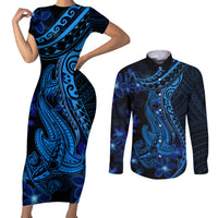 Blue Polynesia Shark Tattoo Couples Matching Short Sleeve Bodycon Dress and Long Sleeve Button Shirt With Polynesian Plumeria LT14 Blue - Polynesian Pride