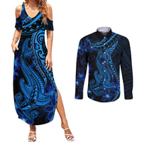 Blue Polynesia Shark Tattoo Couples Matching Summer Maxi Dress and Long Sleeve Button Shirt With Polynesian Plumeria LT14 Blue - Polynesian Pride