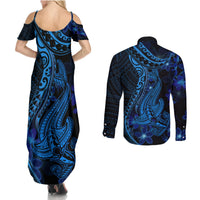 Blue Polynesia Shark Tattoo Couples Matching Summer Maxi Dress and Long Sleeve Button Shirt With Polynesian Plumeria LT14 - Polynesian Pride