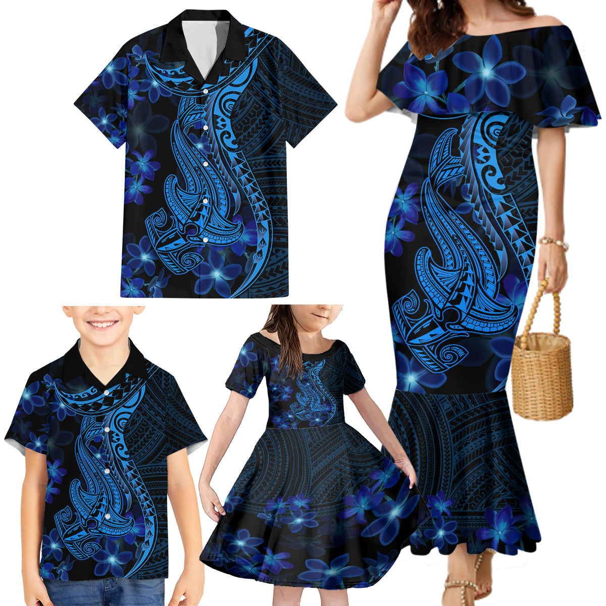 Blue Polynesia Shark Tattoo Family Matching Mermaid Dress and Hawaiian Shirt With Polynesian Plumeria LT14 - Polynesian Pride