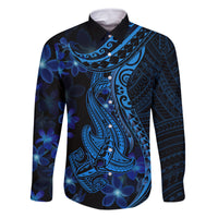 Blue Polynesia Shark Tattoo Family Matching Mermaid Dress and Hawaiian Shirt With Polynesian Plumeria LT14 Dad's Shirt - Long Sleeve Blue - Polynesian Pride