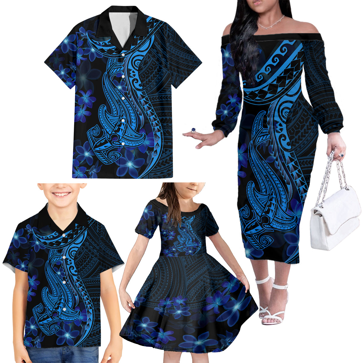 Blue Polynesia Shark Tattoo Family Matching Off Shoulder Long Sleeve Dress and Hawaiian Shirt With Polynesian Plumeria LT14 - Polynesian Pride