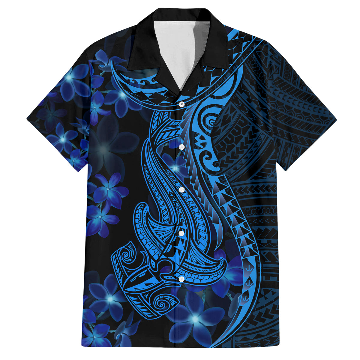 Blue Polynesia Shark Tattoo Family Matching Off Shoulder Short Dress and Hawaiian Shirt With Polynesian Plumeria LT14 Dad's Shirt - Short Sleeve Blue - Polynesian Pride