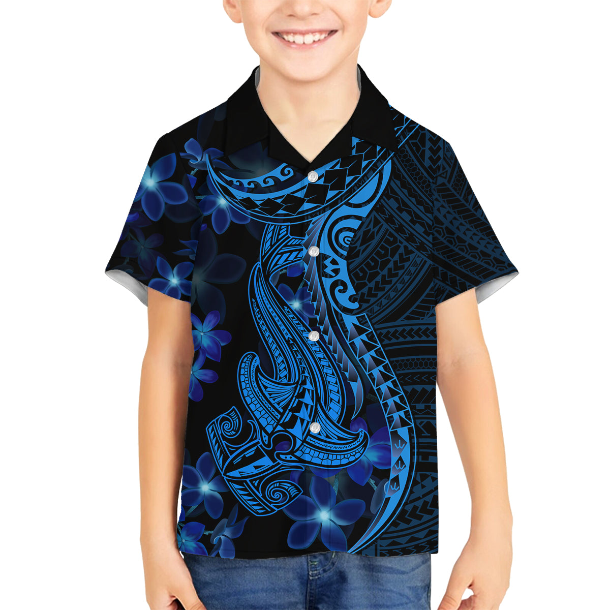 Blue Polynesia Shark Tattoo Family Matching Summer Maxi Dress and Hawaiian Shirt With Polynesian Plumeria LT14 Son's Shirt Blue - Polynesian Pride