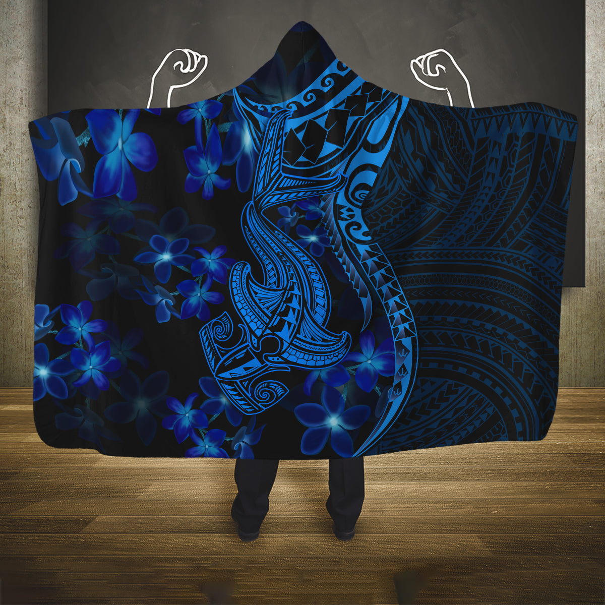 Blue Polynesia Shark Tattoo Hooded Blanket With Polynesian Plumeria LT14 One Size Blue - Polynesian Pride