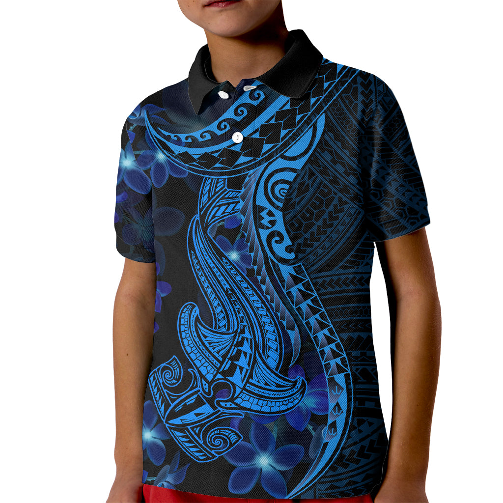 Blue Polynesia Shark Tattoo Kid Polo Shirt With Polynesian Plumeria LT14 Kid Blue - Polynesian Pride