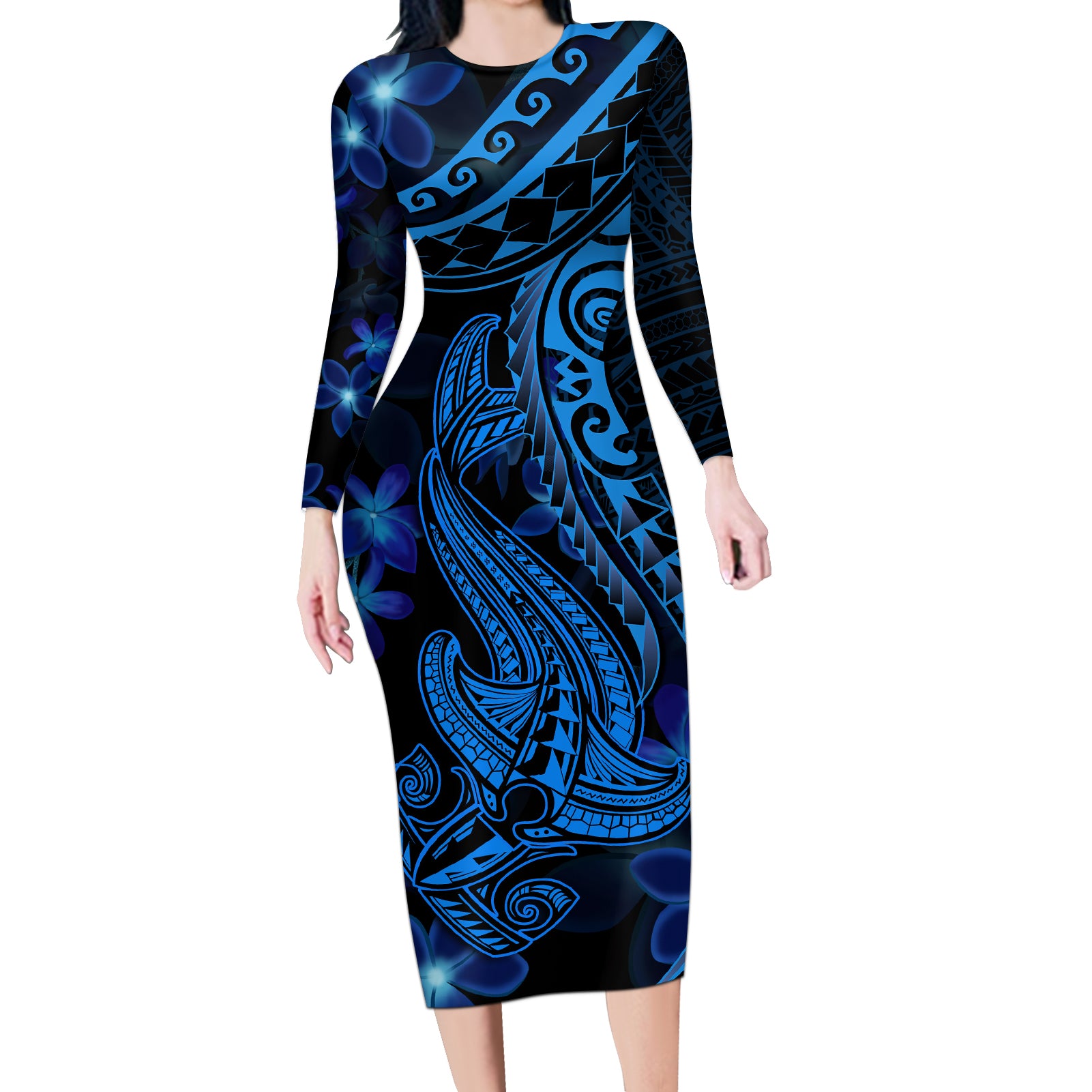 Blue Polynesia Shark Tattoo Long Sleeve Bodycon Dress With Polynesian Plumeria LT14 Long Dress Blue - Polynesian Pride