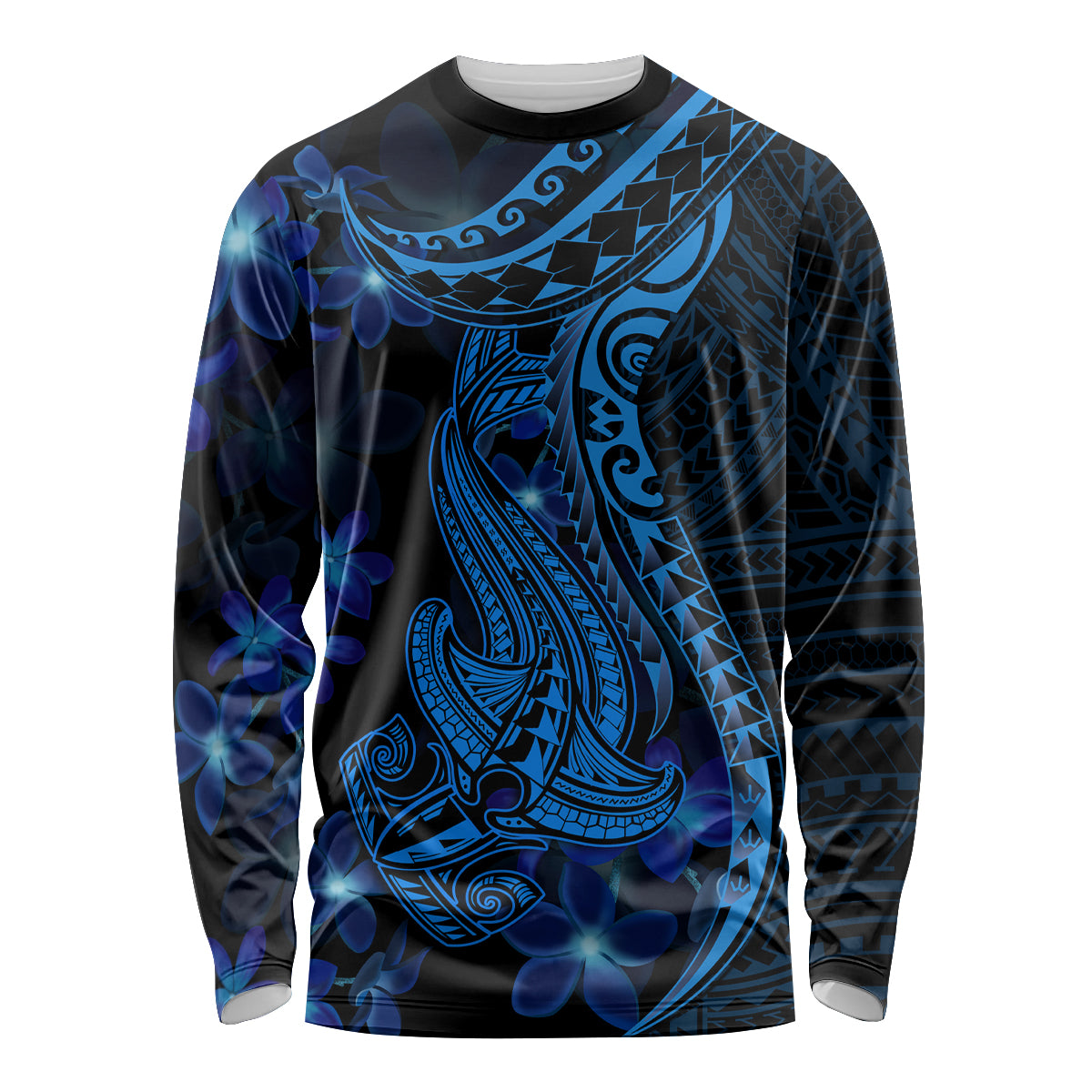 Blue Polynesia Shark Tattoo Long Sleeve Shirt With Polynesian Plumeria LT14 Unisex Blue - Polynesian Pride