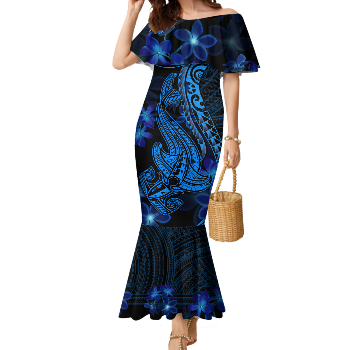 Blue Polynesia Shark Tattoo Mermaid Dress With Polynesian Plumeria LT14 Women Blue - Polynesian Pride