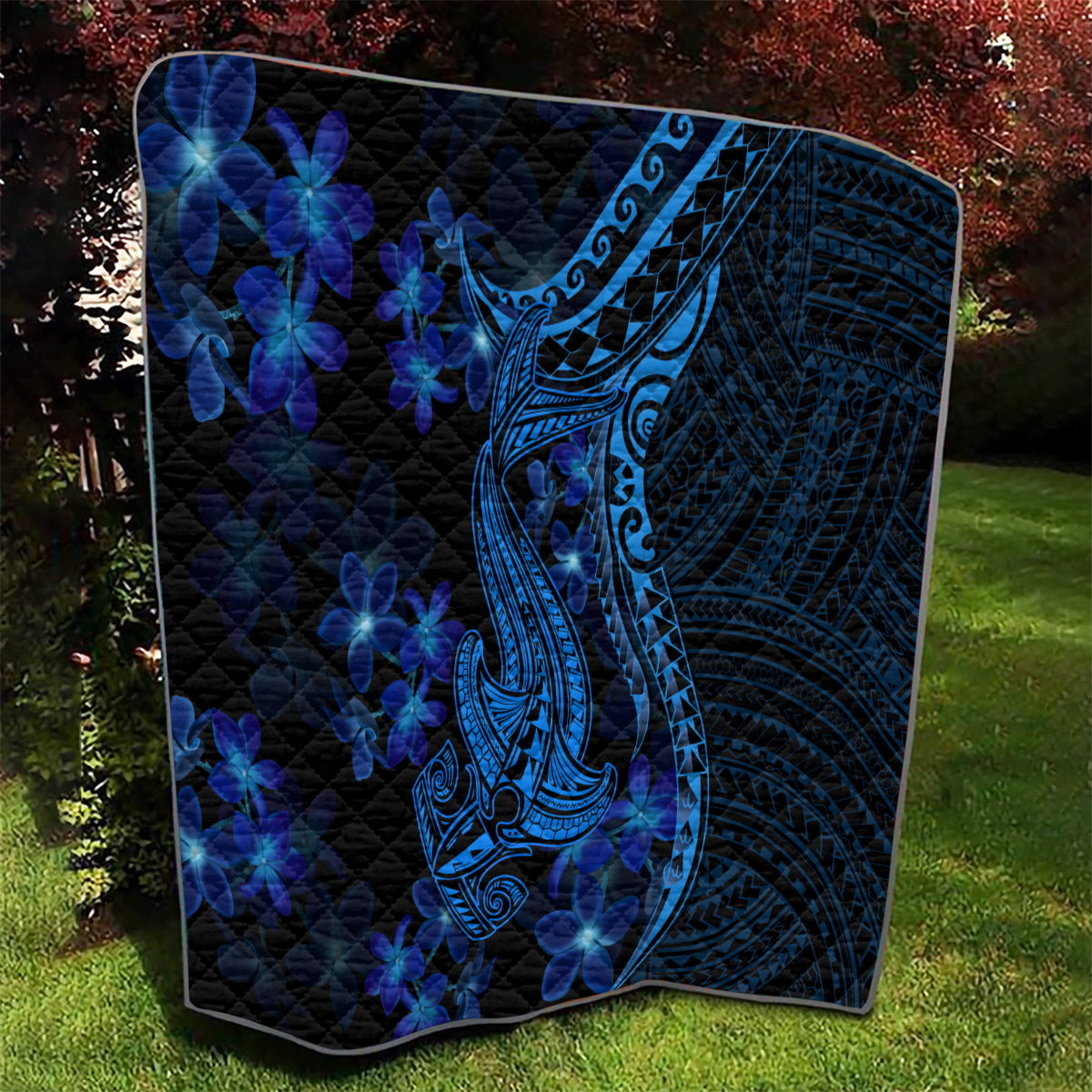 Blue Polynesia Shark Tattoo Quilt With Polynesian Plumeria LT14 - Polynesian Pride
