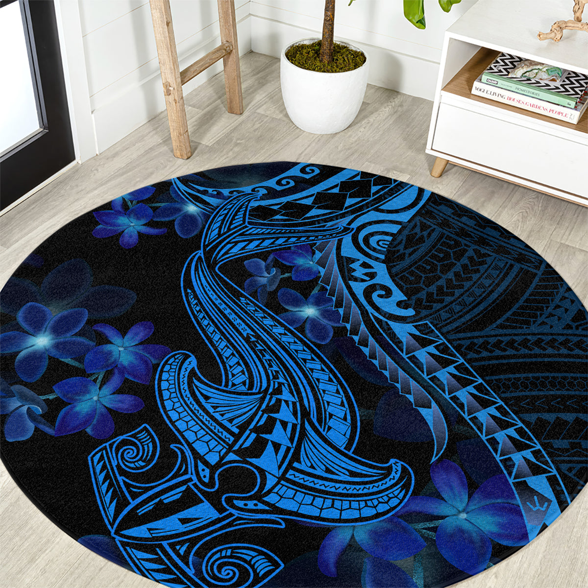 Blue Polynesia Shark Tattoo Round Carpet With Polynesian Plumeria LT14 Blue - Polynesian Pride