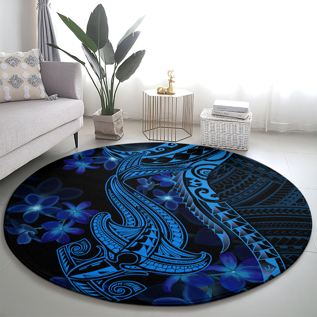 Blue Polynesia Shark Tattoo Round Carpet With Polynesian Plumeria LT14 - Polynesian Pride