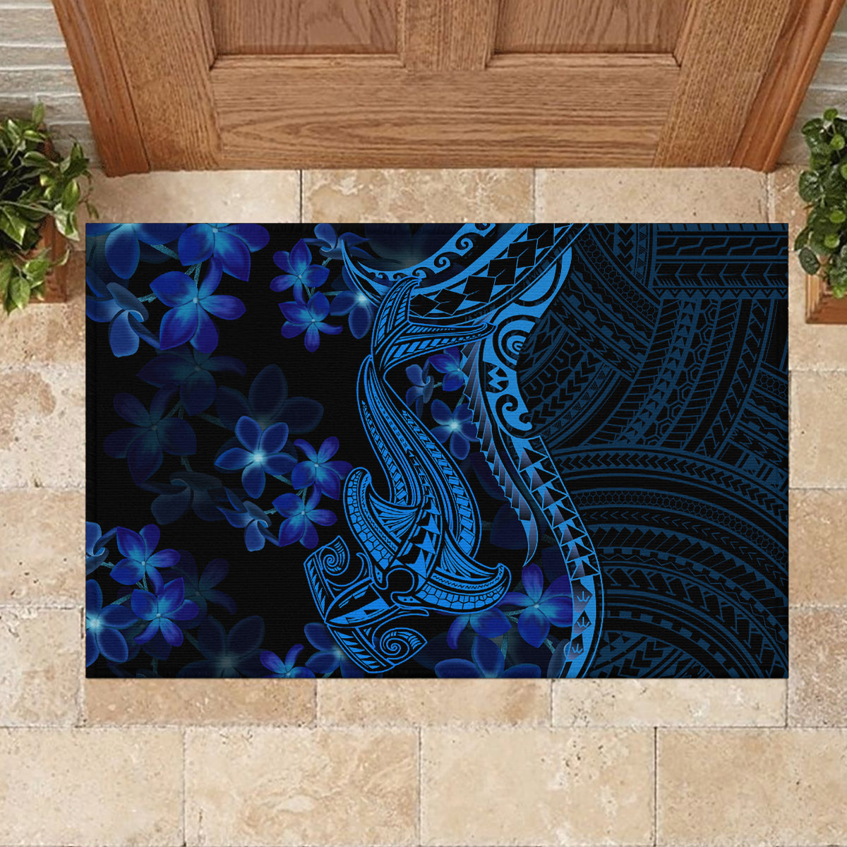 Blue Polynesia Shark Tattoo Rubber Doormat With Polynesian Plumeria LT14 - Polynesian Pride