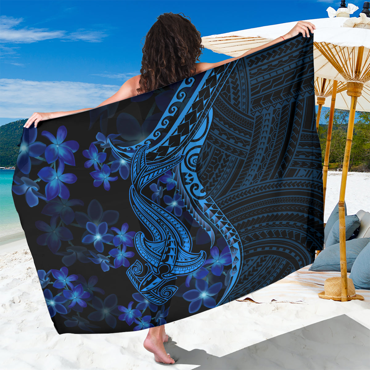 Blue Polynesia Shark Tattoo Sarong With Polynesian Plumeria LT14 One Size 44 x 66 inches Blue - Polynesian Pride