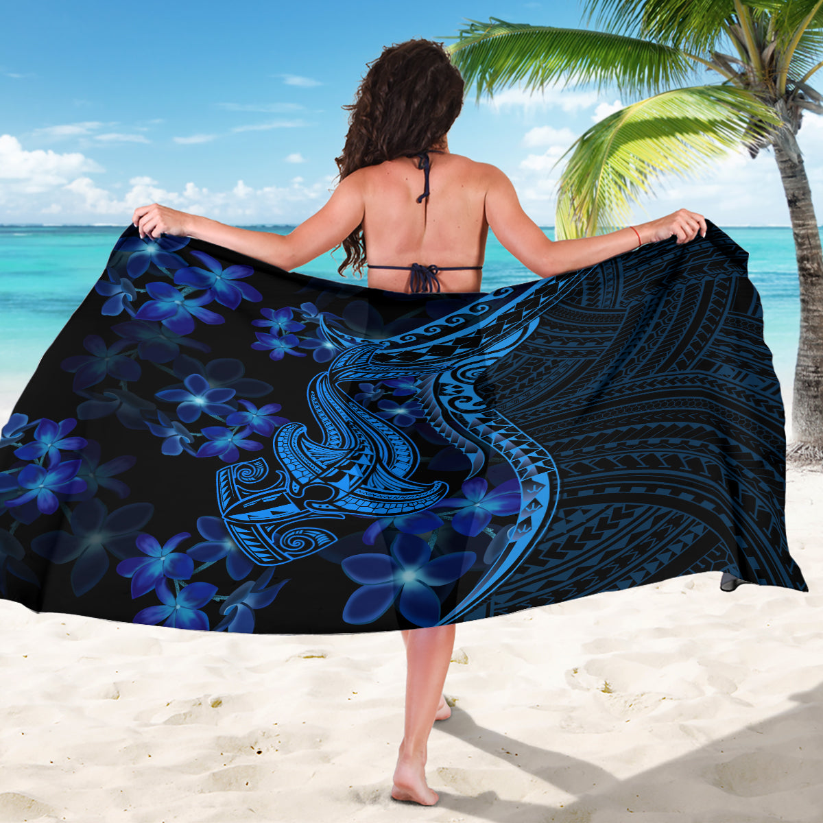 Blue Polynesia Shark Tattoo Sarong With Polynesian Plumeria LT14 - Polynesian Pride