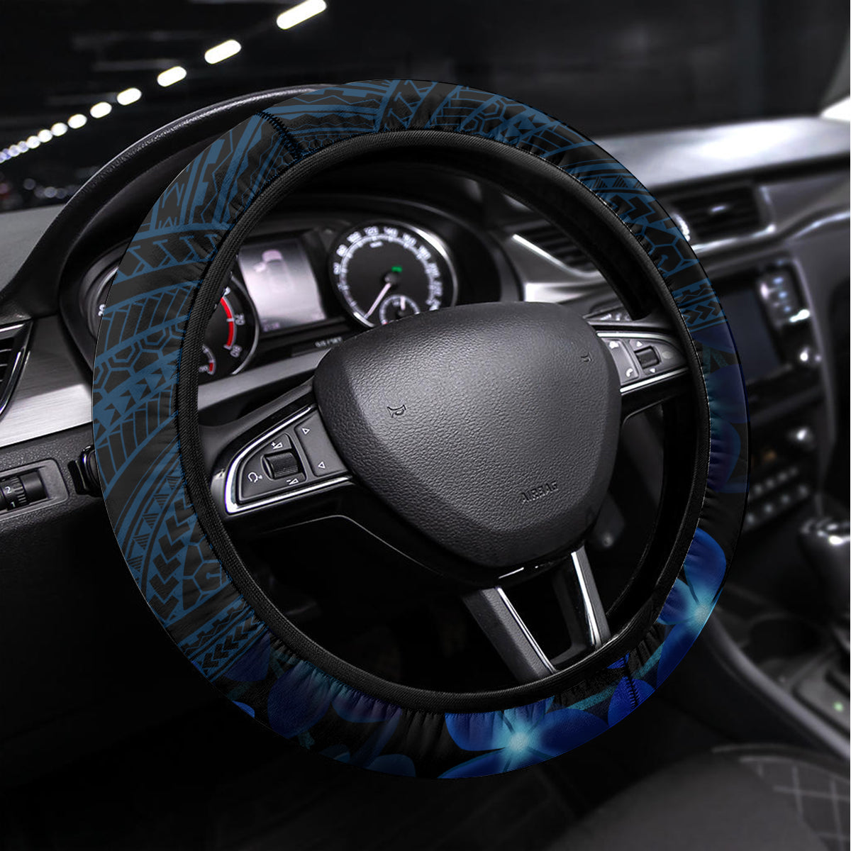 Blue Polynesia Shark Tattoo Steering Wheel Cover With Polynesian Plumeria LT14 Universal Fit Blue - Polynesian Pride