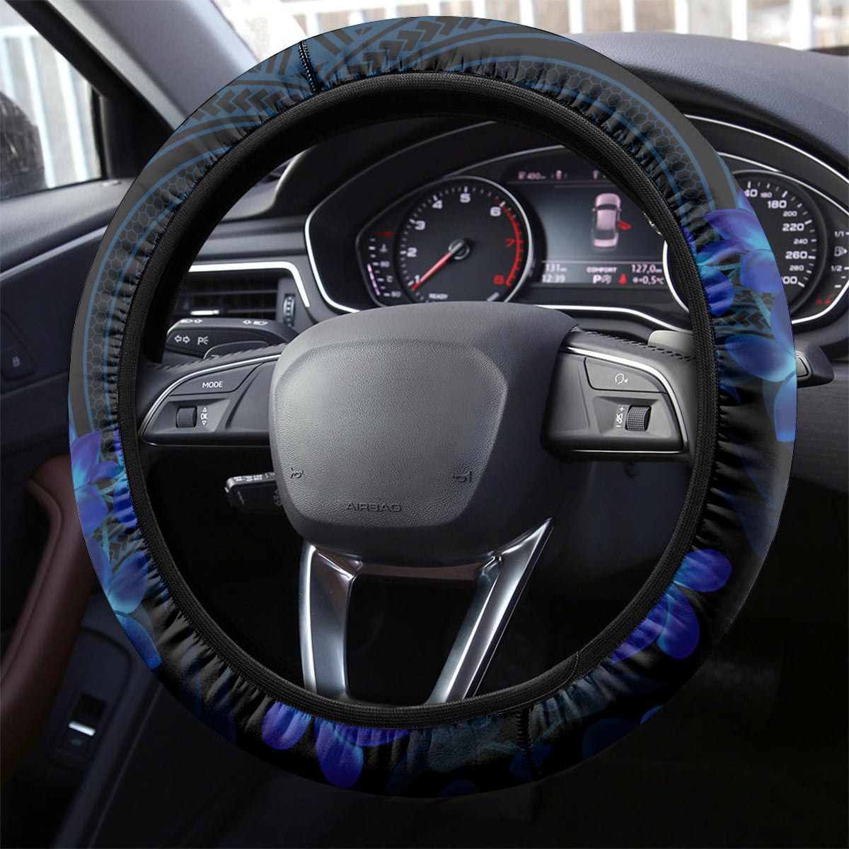 Blue Polynesia Shark Tattoo Steering Wheel Cover With Polynesian Plumeria LT14 - Polynesian Pride