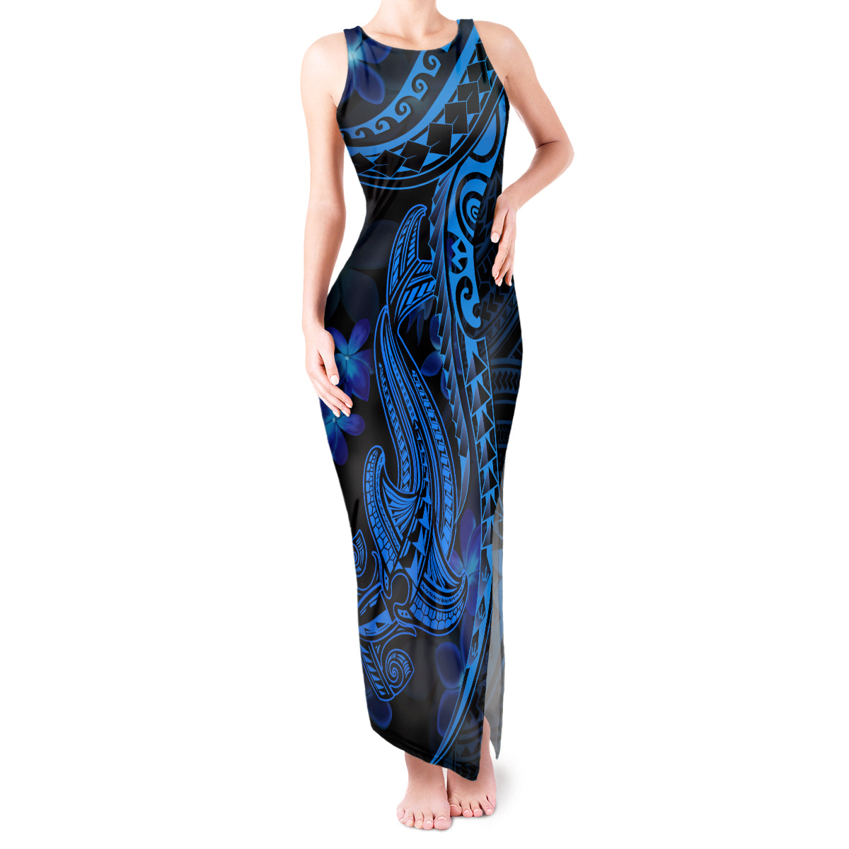 Blue Polynesia Shark Tattoo Tank Maxi Dress With Polynesian Plumeria LT14 Women Blue - Polynesian Pride