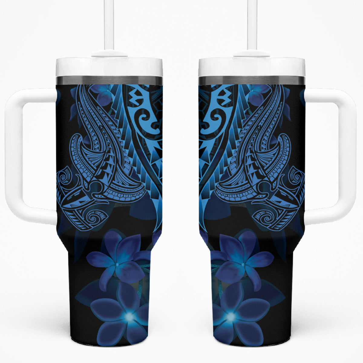 Blue Polynesia Shark Tattoo Tumbler With Handle With Polynesian Plumeria