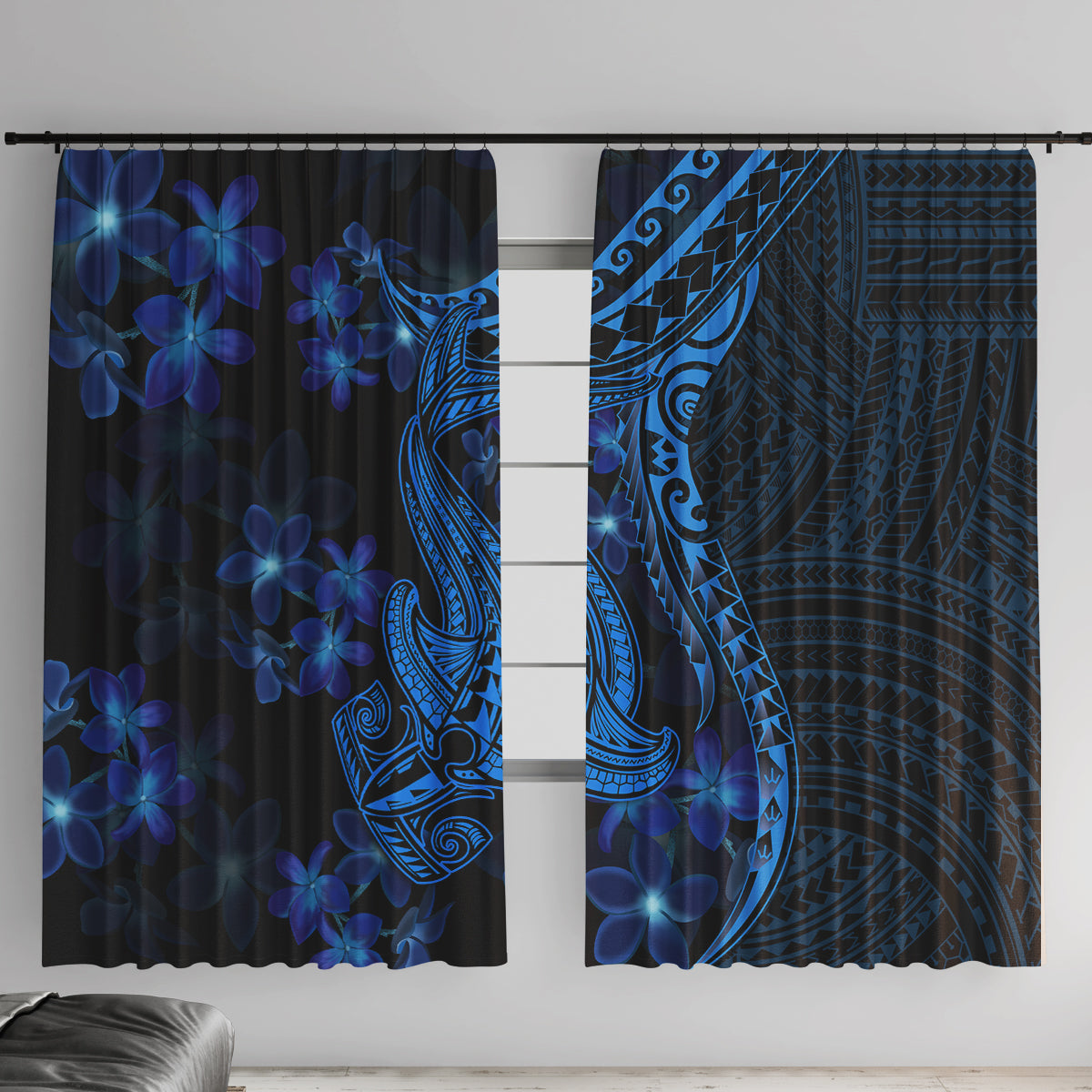 Blue Polynesia Shark Tattoo Window Curtain With Polynesian Plumeria LT14 With Hooks Blue - Polynesian Pride