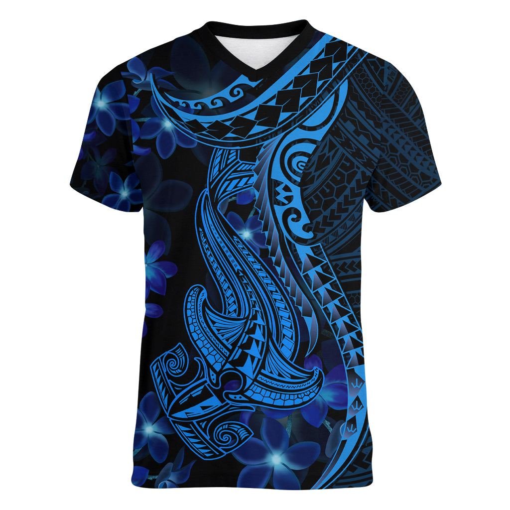 Blue Polynesia Shark Tattoo Women V Neck T Shirt With Polynesian Plumeria LT14 Female Blue - Polynesian Pride