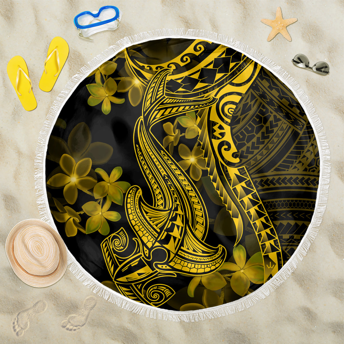 Gold Polynesia Shark Tattoo Beach Blanket With Polynesian Plumeria LT14 One Size 150cm Gold - Polynesian Pride