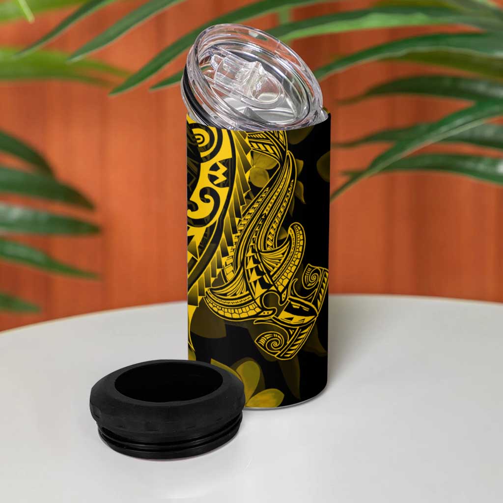 Gold Polynesia Shark Tattoo 4 in 1 Can Cooler Tumbler With Polynesian Plumeria