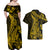 Gold Polynesia Shark Tattoo Couples Matching Off Shoulder Maxi Dress and Hawaiian Shirt With Polynesian Plumeria LT14 - Polynesian Pride