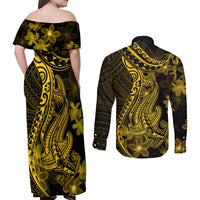 Gold Polynesia Shark Tattoo Couples Matching Off Shoulder Maxi Dress and Long Sleeve Button Shirt With Polynesian Plumeria LT14 - Polynesian Pride