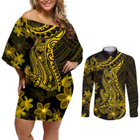 Gold Polynesia Shark Tattoo Couples Matching Off Shoulder Short Dress and Long Sleeve Button Shirt With Polynesian Plumeria LT14 Gold - Polynesian Pride