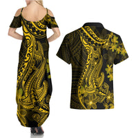 Gold Polynesia Shark Tattoo Couples Matching Summer Maxi Dress and Hawaiian Shirt With Polynesian Plumeria LT14 - Polynesian Pride