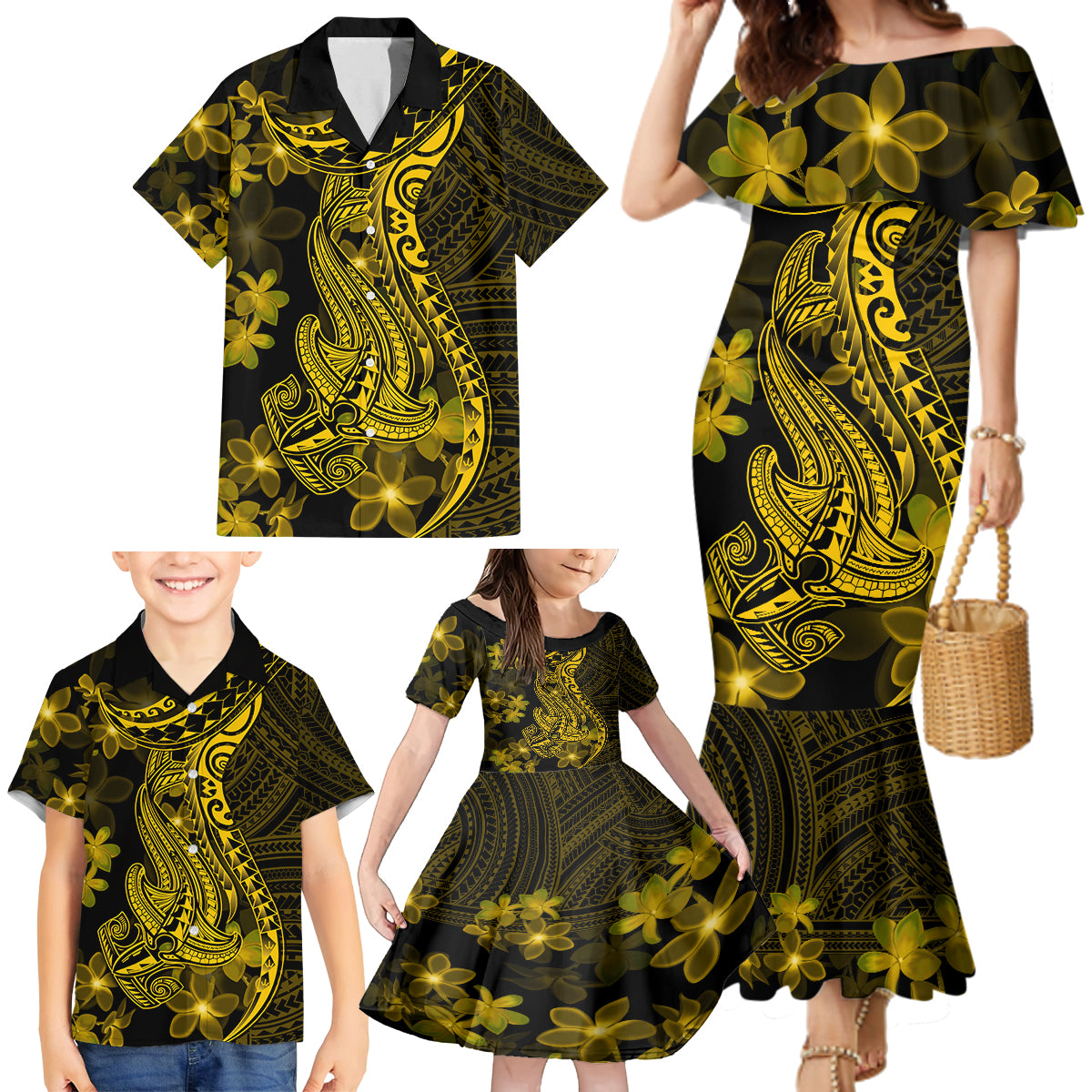 Gold Polynesia Shark Tattoo Family Matching Mermaid Dress and Hawaiian Shirt With Polynesian Plumeria LT14 - Polynesian Pride