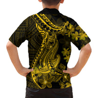 Gold Polynesia Shark Tattoo Family Matching Off Shoulder Short Dress and Hawaiian Shirt With Polynesian Plumeria LT14 - Polynesian Pride