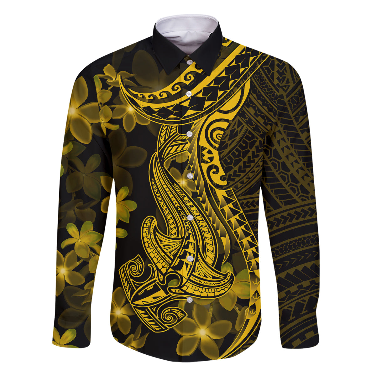 Gold Polynesia Shark Tattoo Family Matching Off Shoulder Short Dress and Hawaiian Shirt With Polynesian Plumeria LT14 Dad's Shirt - Long Sleeve Gold - Polynesian Pride