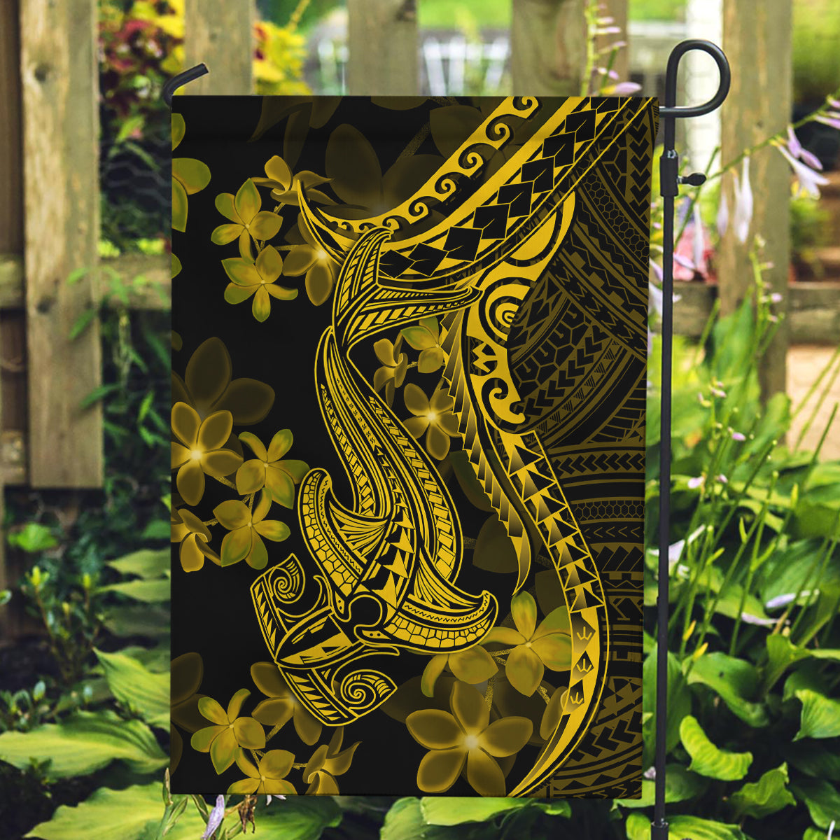 Gold Polynesia Shark Tattoo Garden Flag With Polynesian Plumeria LT14 Garden Flag Gold - Polynesian Pride