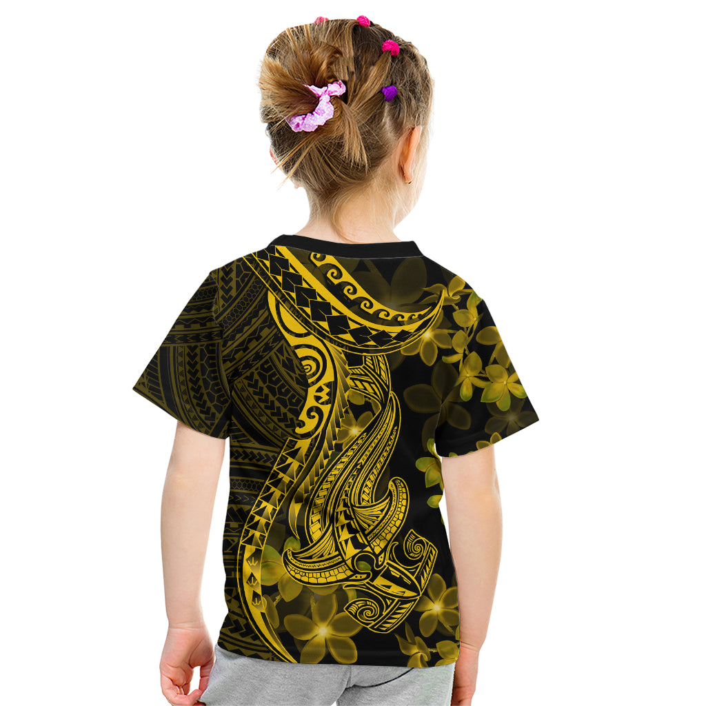 Gold Polynesia Shark Tattoo Kid T Shirt With Polynesian Plumeria LT14 - Polynesian Pride