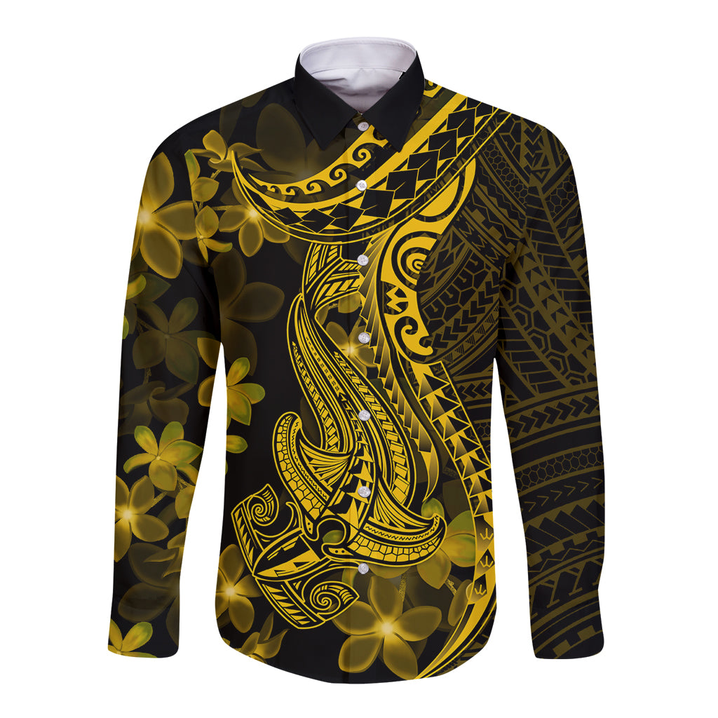 Gold Polynesia Shark Tattoo Long Sleeve Button Shirt With Polynesian Plumeria LT14 Unisex Gold - Polynesian Pride