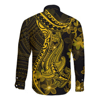 Gold Polynesia Shark Tattoo Long Sleeve Button Shirt With Polynesian Plumeria LT14 - Polynesian Pride