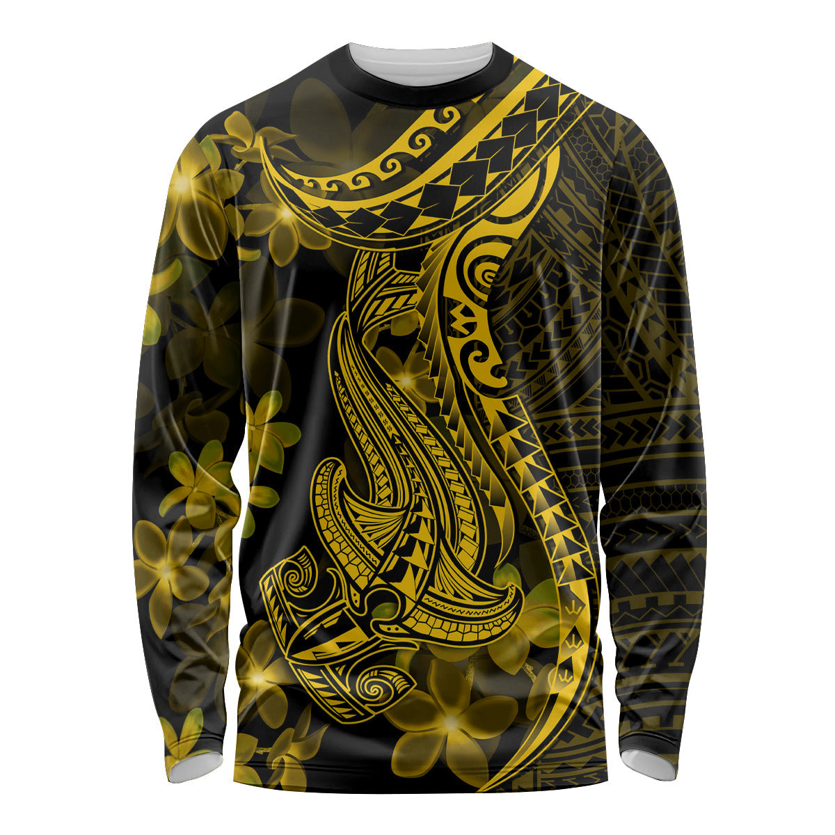 Gold Polynesia Shark Tattoo Long Sleeve Shirt With Polynesian Plumeria LT14 Unisex Gold - Polynesian Pride