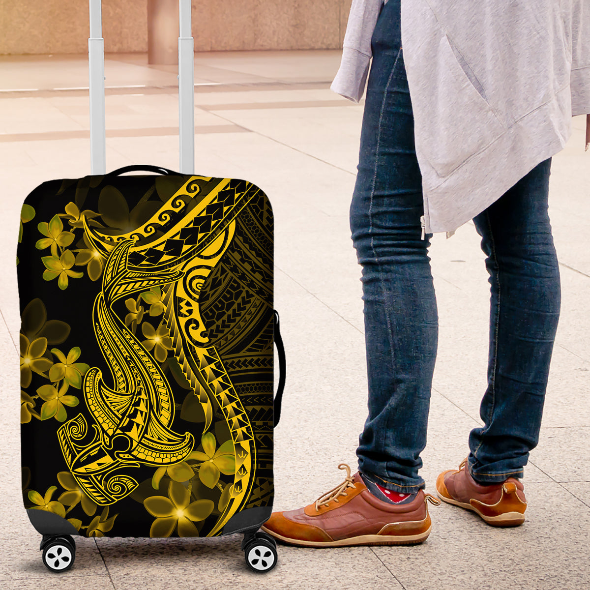 Gold Polynesia Shark Tattoo Luggage Cover With Polynesian Plumeria LT14 Gold - Polynesian Pride