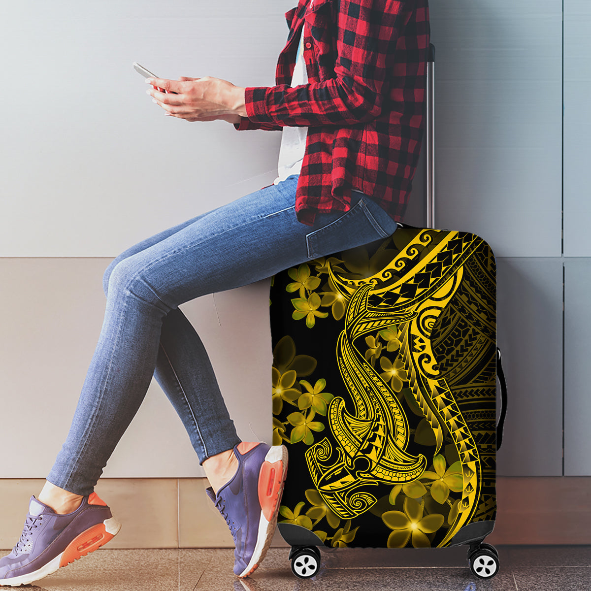 Gold Polynesia Shark Tattoo Luggage Cover With Polynesian Plumeria LT14 - Polynesian Pride