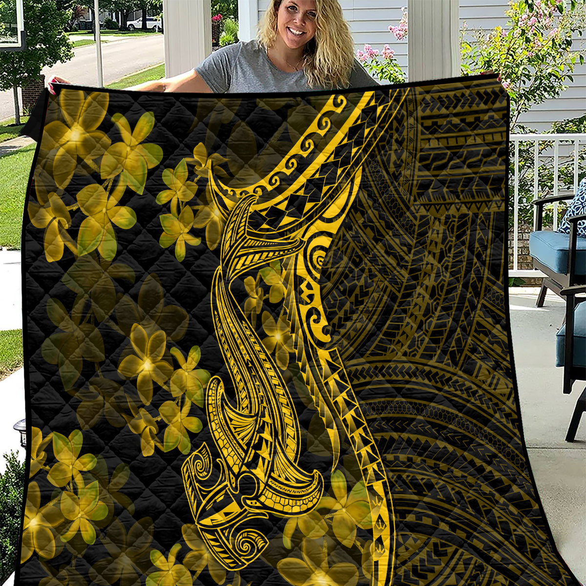 Gold Polynesia Shark Tattoo Quilt With Polynesian Plumeria LT14 Gold - Polynesian Pride