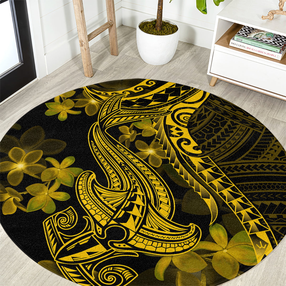 Gold Polynesia Shark Tattoo Round Carpet With Polynesian Plumeria LT14 Gold - Polynesian Pride