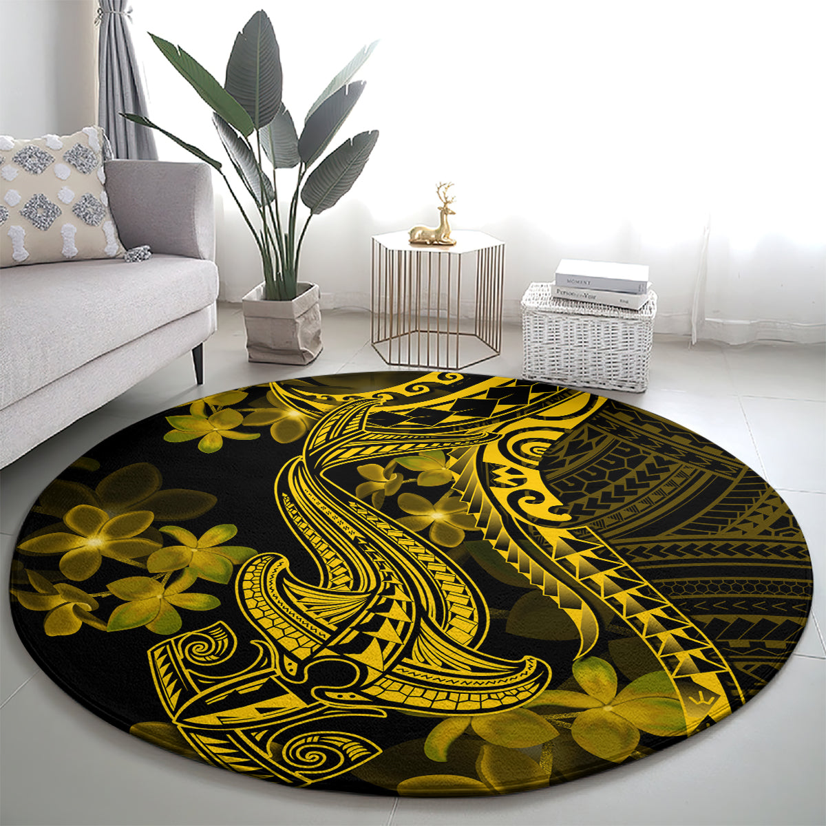 Gold Polynesia Shark Tattoo Round Carpet With Polynesian Plumeria LT14 - Polynesian Pride